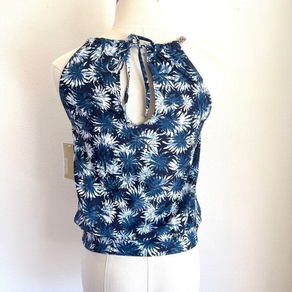 Michael Kors Palm Mix High-Neck Blouson Tankini Top Navy Small - Picture 10 of 16